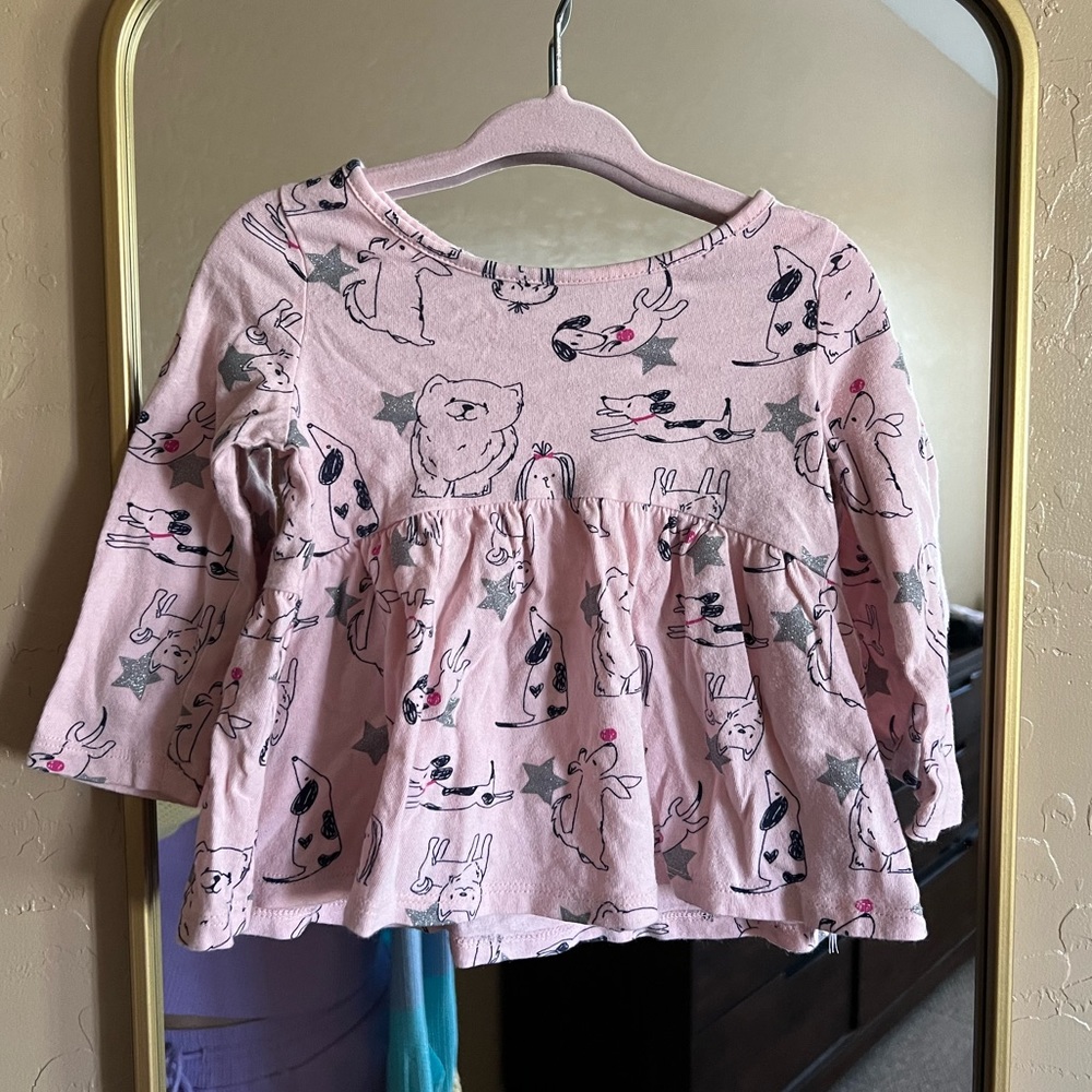 Baby Gap Pale Pink 100% Cotton Peplum Top with Dog Print 12-18 Months